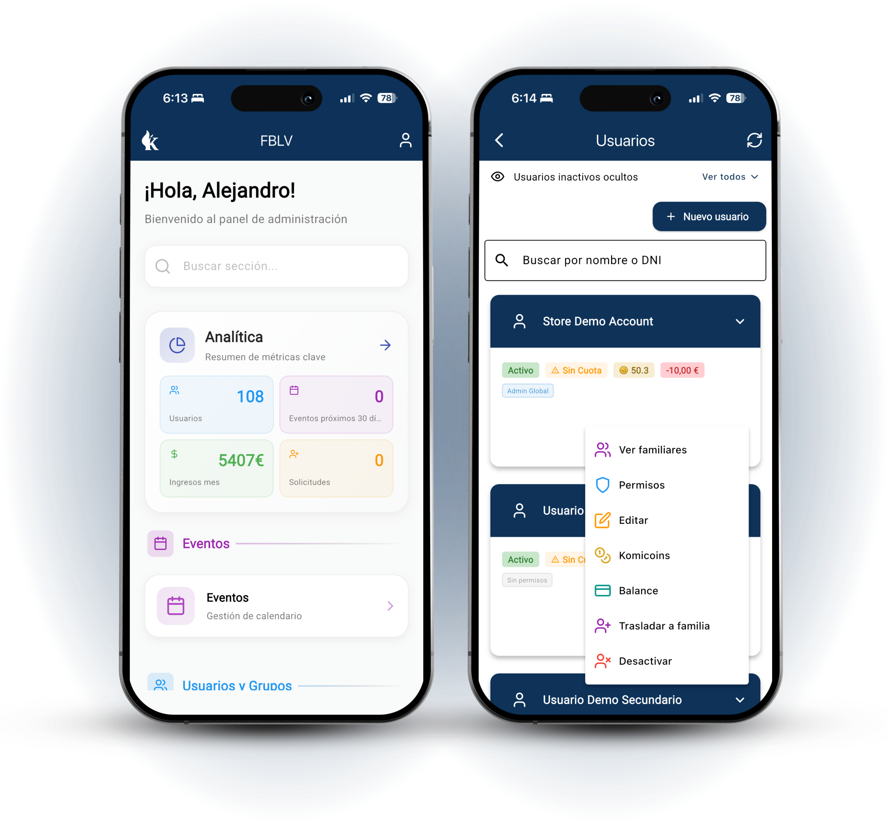 Interfaz de la app para fallas Komissió - gestión fallas, app comisiones falleras